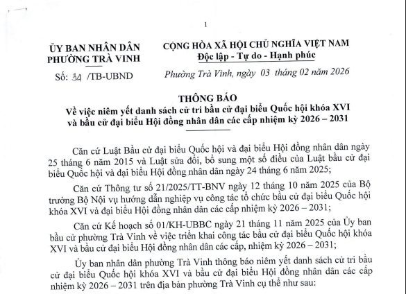 THÔNG BÁO Về việc niêm yết danh sách cử tri bầu cử đại biểu Quốc hội khóa XVI và bầu cử đại biểu Hội đồng nhân dân các cấp nhiệm kỳ 2026 – 2031