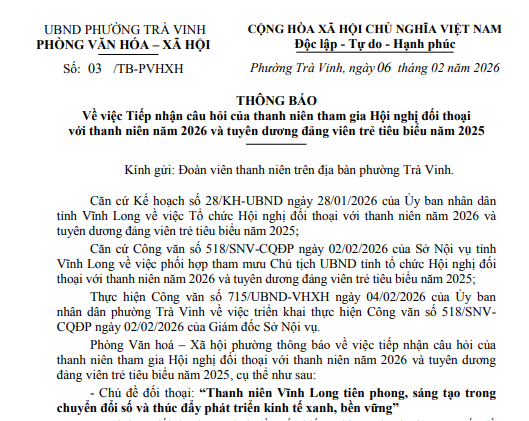 THÔNG BÁO: Về việc Tiếp nhận câu hỏi của thanh niên tham gia Hội nghị đối thoại với thanh niên năm 2026 và tuyên dương đảng viên trẻ tiêu biểu năm 2025