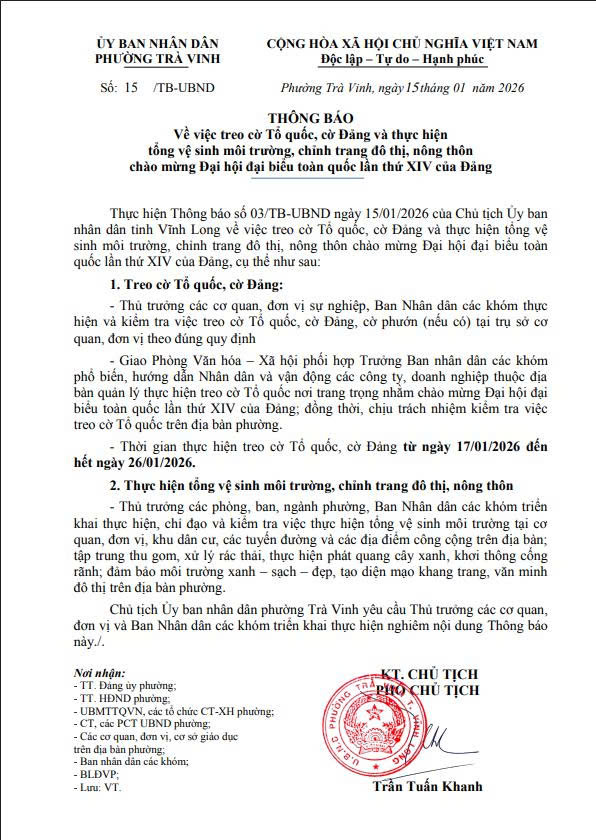 THÔNG BÁO Về việc treo cờ Tổ quốc, cờ Đảng chào mừng bầu cử đại biểu Quốc hội khóa XVI và bầu cử đại biểu Hội đồng nhân dân các cấp nhiệm kỳ 2026 – 2031 