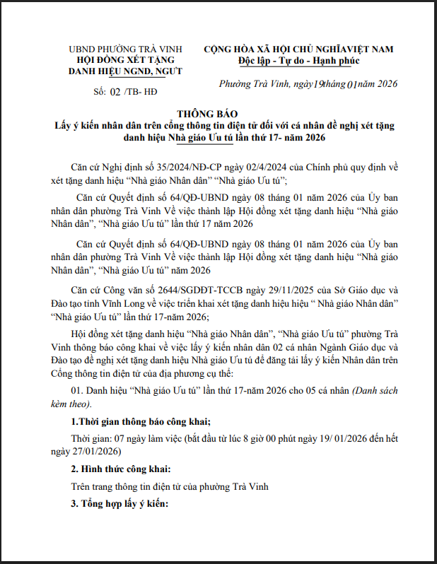THÔNG BÁO Lấy ý kiến nhân dân trên cổng thông tin điện tử đối với cá nhân đề nghị xét tặng danh hiệu Nhà giáo Ưu tú lần thứ 17- năm 2026