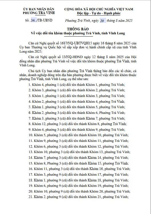 Thông báo: Về việc đổi tên khóm thuộc phường Trà Vinh, tỉnh Vĩnh Long